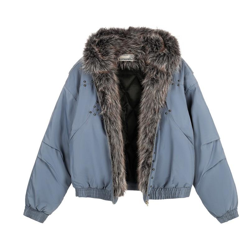 Magic Bear Streetwear Padded Jacket With Rivets Faux Fur Collar Loose Fit Winter Coat Teens