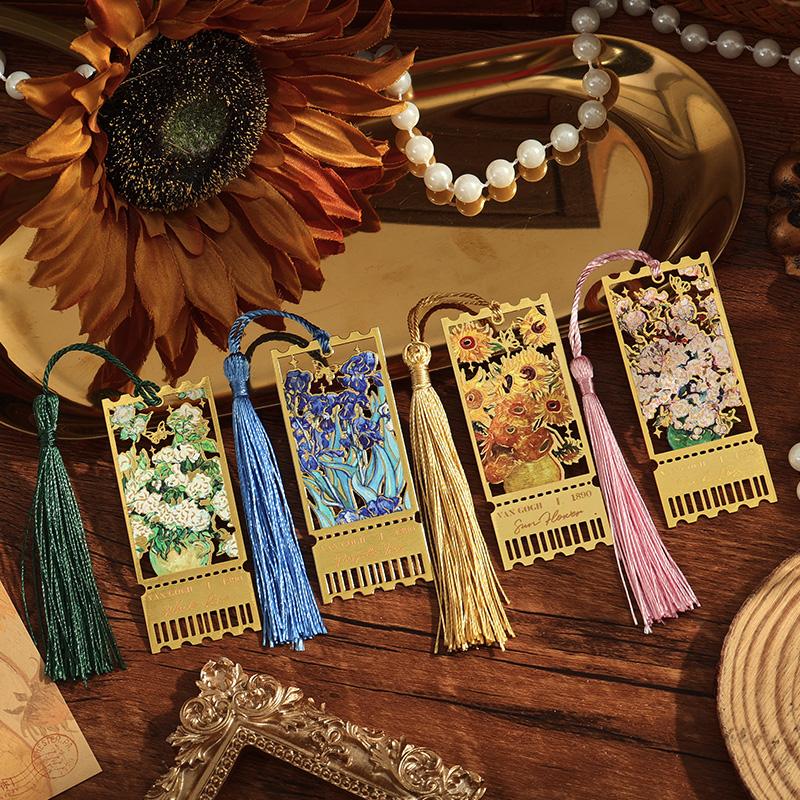 1pcs/4pcs Flowing Light Impression Series - Oil Painting Style Flower Hollowout tassel Metal Bookmark Student Account Marker