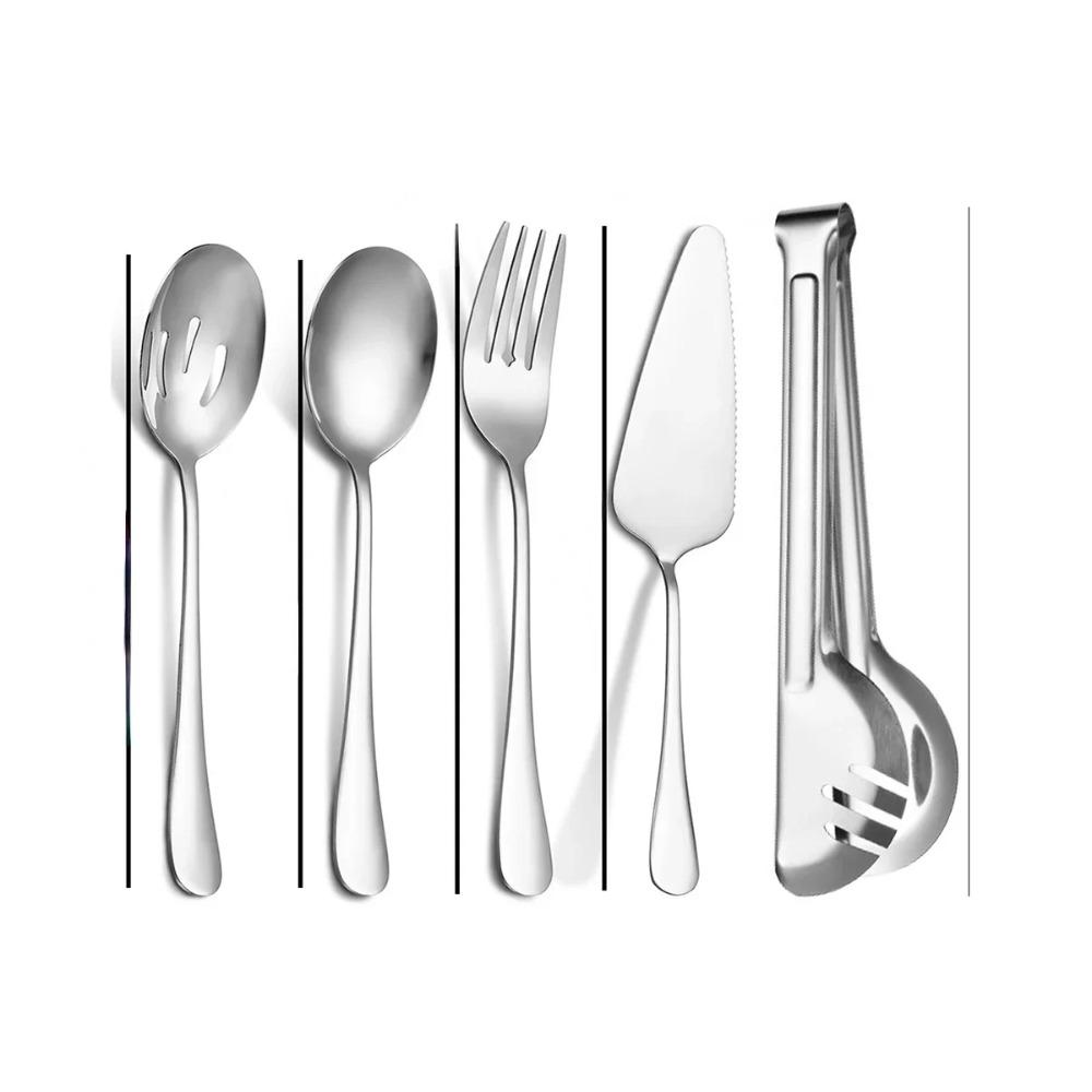 

5Pcs Golden Stainless Steel Dinnerware Set Colander Spoon Service Spoon Soup Spoon Salad Fork Cake Tongs Kitchen Tableware