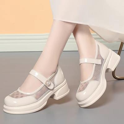 5cm Bequeme Atmungsaktive Mesh-Lederschuhe Damen Mary Janes 2025 Frühling Sommer Mittlere Blockabsätze Schuhe Plateau für Büro Mutter