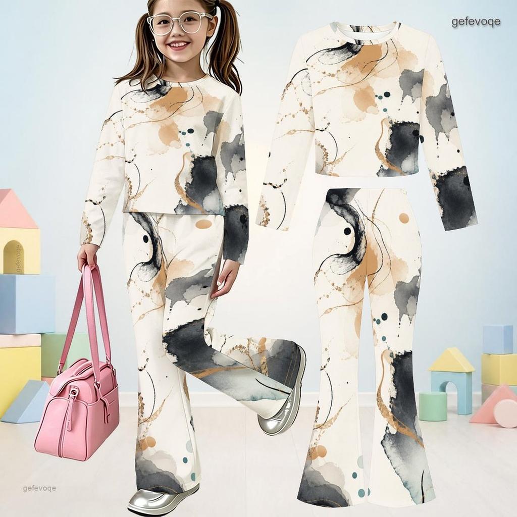 Girls Abstract Printed Round Neck Long Sleeve Top And Flared Pants Two Piece Set