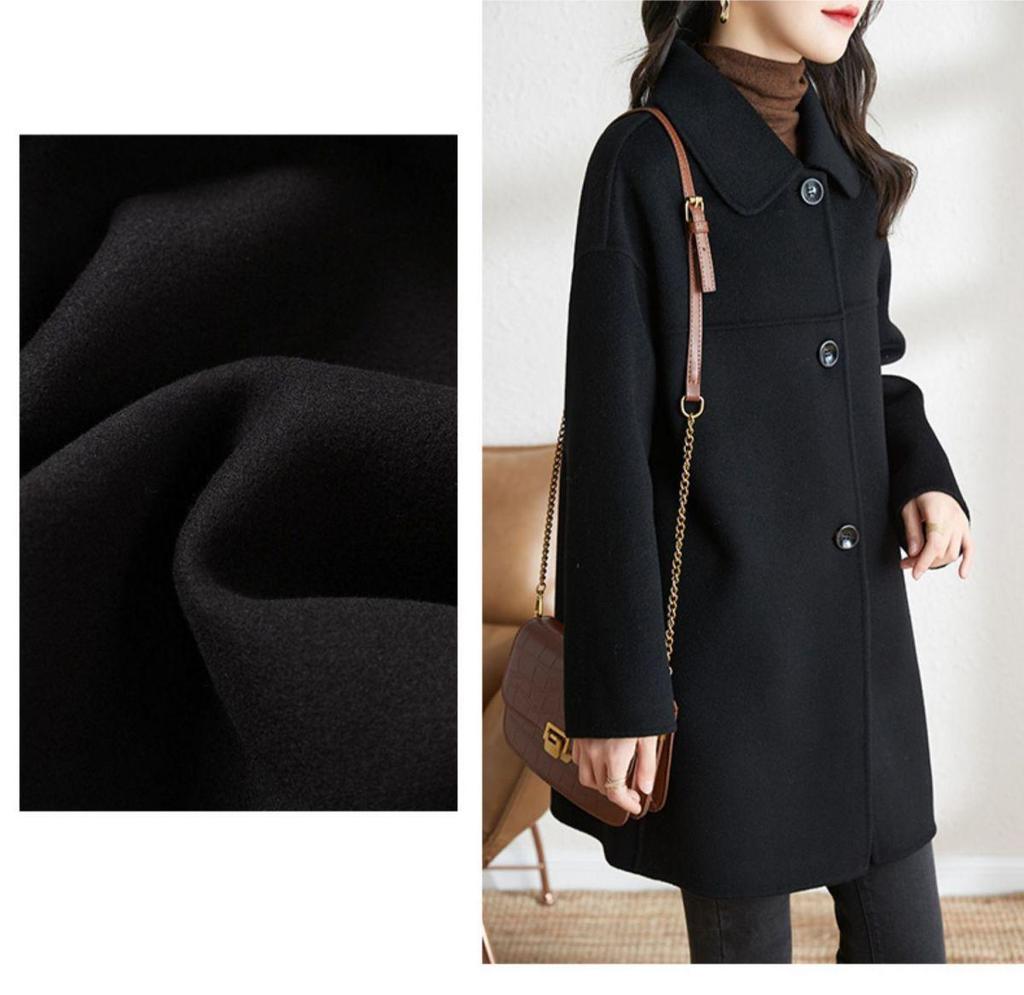 2025 Women's Plus Size Wool Blend Mid-Length Coat with Peter Pan Collar - Korean Fashion for Autumn/Winter
