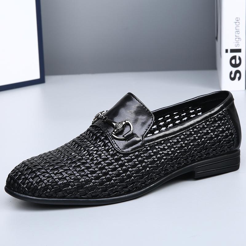 Summer men's shoes hollow breathable foot casual leather shoes men's one-pedal trend versatile hand-woven