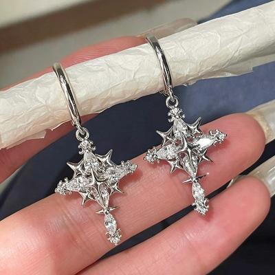 Sparkling Zircon Snowflake Cross Earrings Fashionable Exquisite Creative Punk Earrings Jewelry Daily Party Gifts for Women Girls