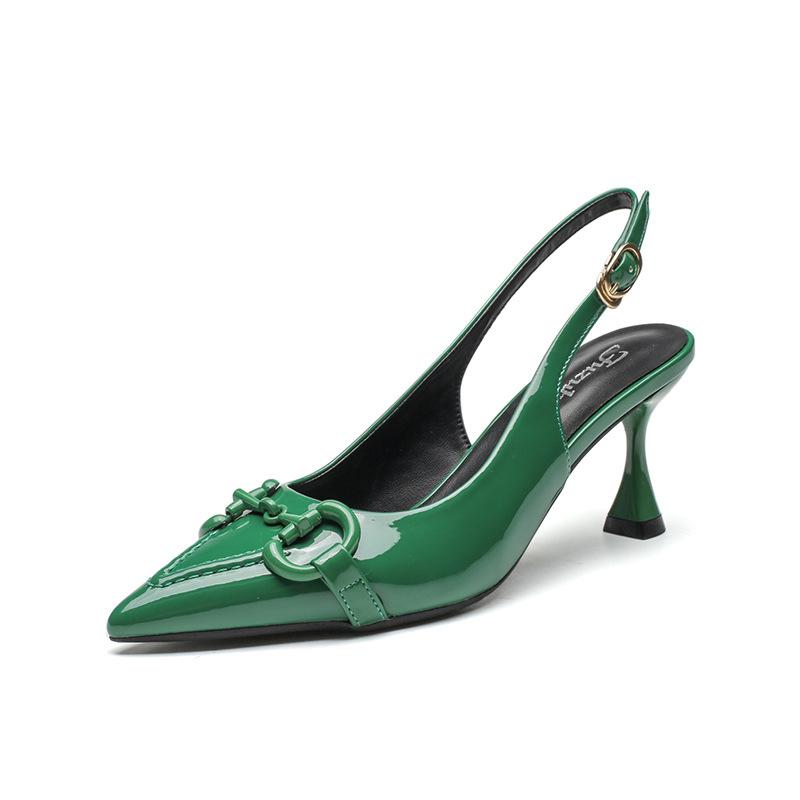 Green Horse Buckle High Heel Back Empty Fashion Sandals Summer 2025 New Thin Heel Pointed Light Mouth Women's Shoes Commute