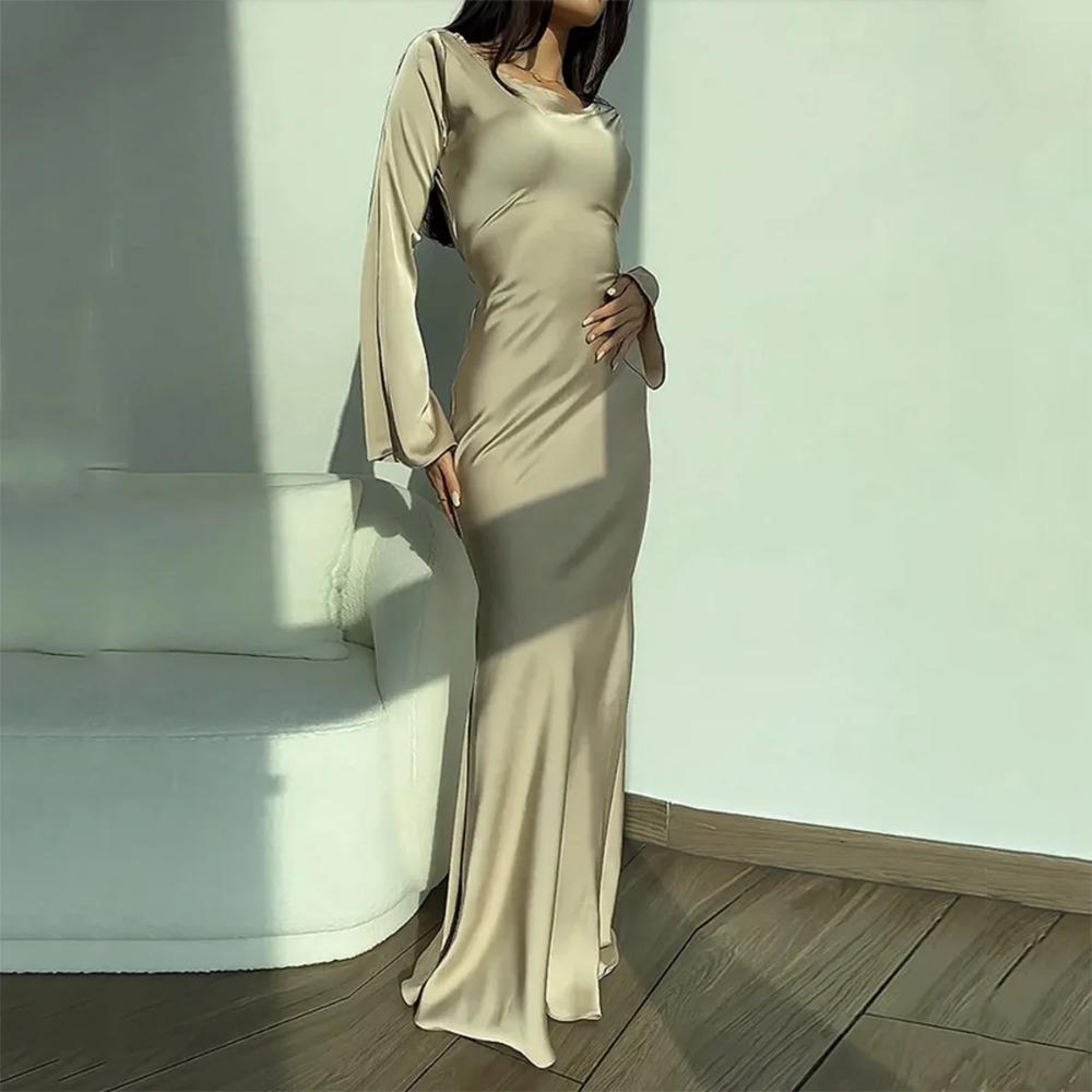 Womens Dresses New Long Dresses Fashion Simple Round Neck Satin Flare Sleeve LaAe Up Slim Evening Party Dresses Sexy Dress