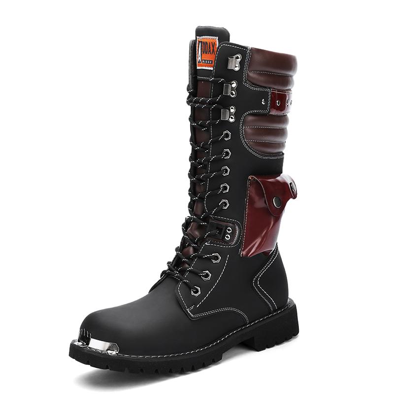 Męskie Casualowe Skórzane Buty High Top Plus Size Wiosna i Jesień Outdoorowe Buty Motocyklowe Komfortowe Buty z Łańcuchem Zapobiegające Kolizjom