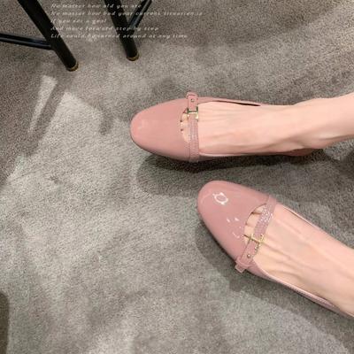 Cowhide Version~ Letter Small Gold Buckle Genuine Leather Soft Sole Mary Jane Single Shoes Women's Round Head Shallow Mouth Flat Shoes Evening