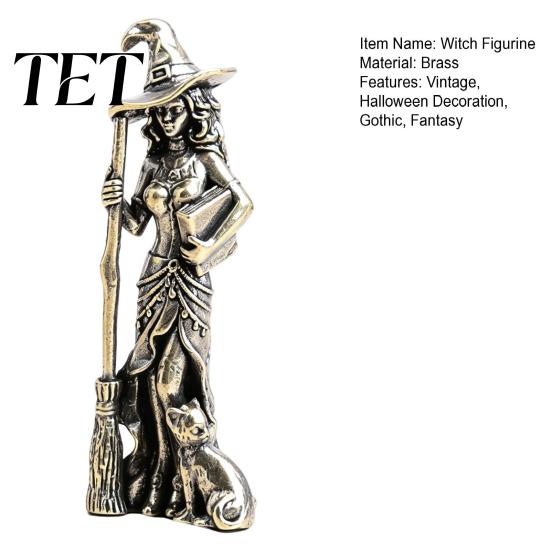 Vintage Witch Statue Brass with Cat, Metal Figurine, Collectible Fantasy Miniature Collectibles Halloween Desk Ornament for Gothic Home Office,