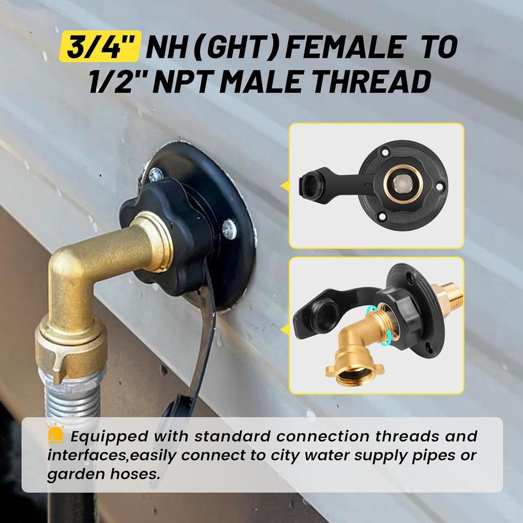 Oyviny RV City Water Inlet With Check Valve, Lead-Free Brass RV Fresh Water Inlet 3/4 NH Female To 1/2 NPT Male Connection, Water Fill Inlet Flange
