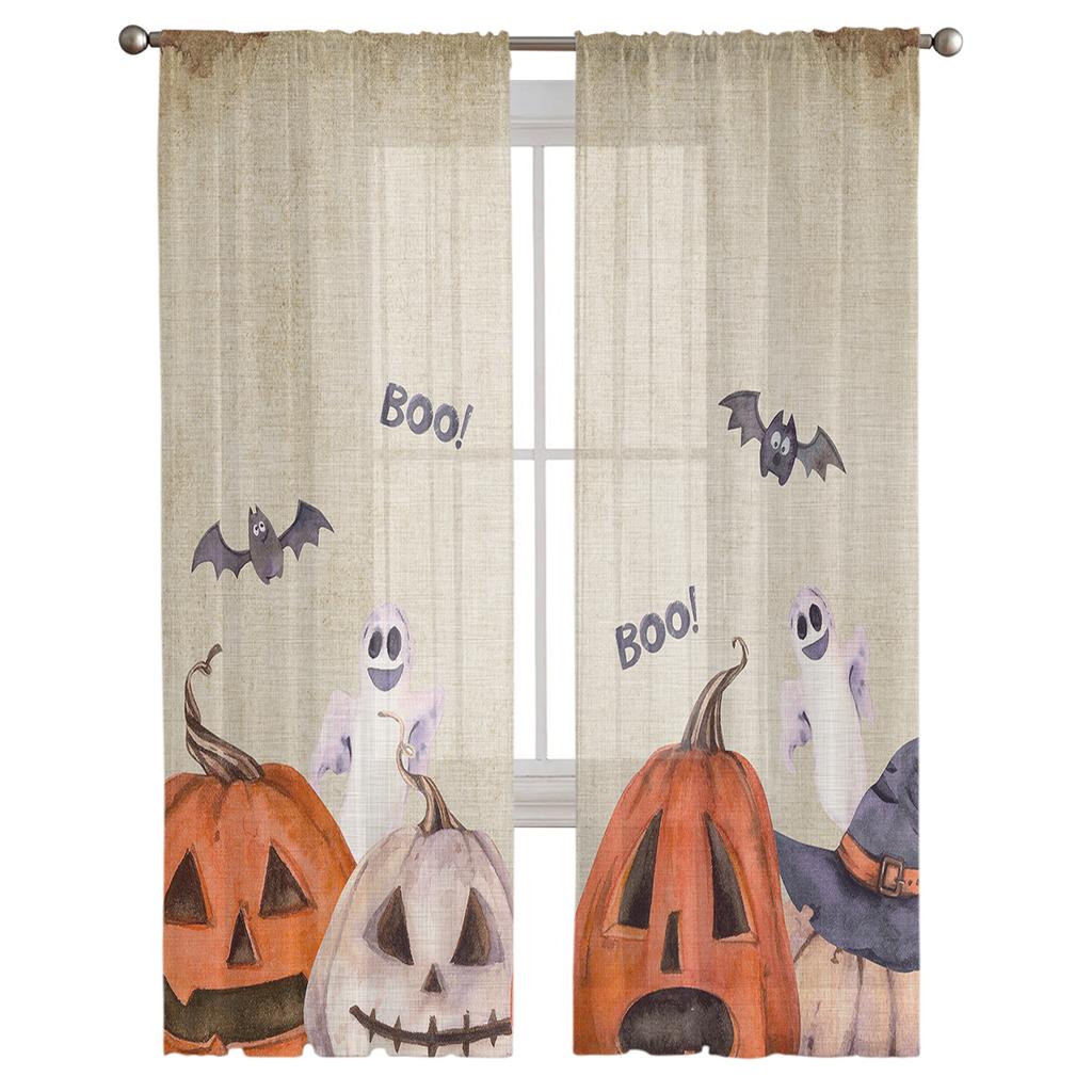Halloween Pumpkin Ghost Bat Vintage Sheer Curtains for Bedroom Living Room Voile Window Curtains Tulle Curtains for Kids Room