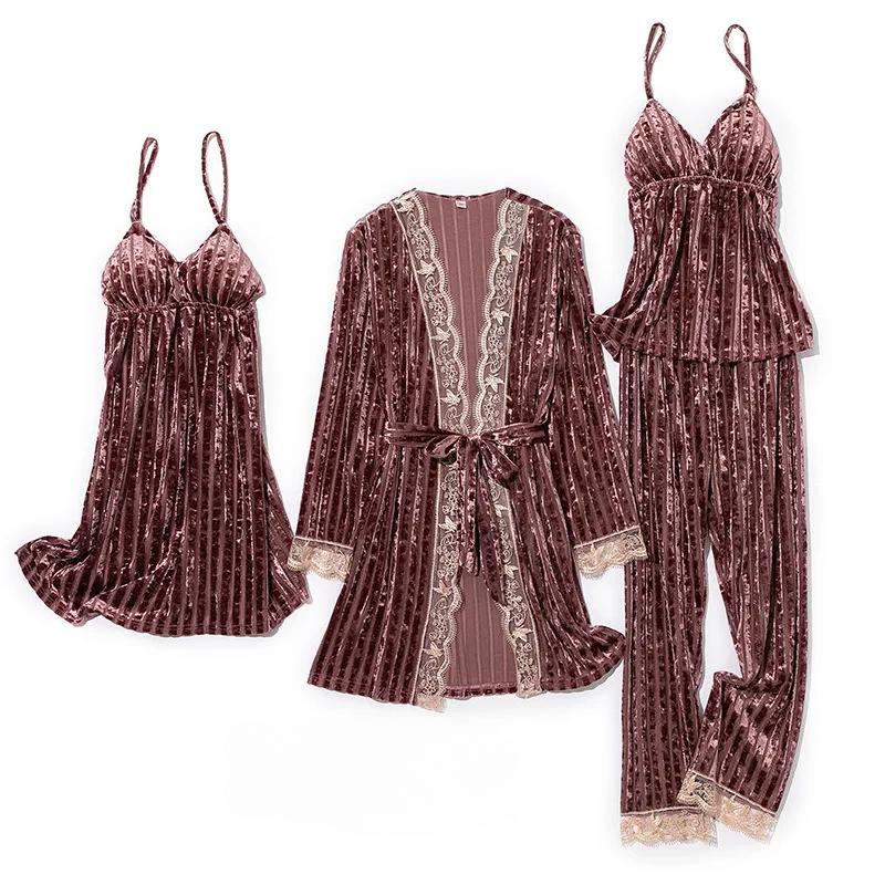 

Комплект из четырех предметов, бархатная пижама, свободная, теплая, повседневная, домашняя одежда, брюки на подтяжках, длинный халат, ночная рубашка, осень-зима, велюровая ночная рубашка XL