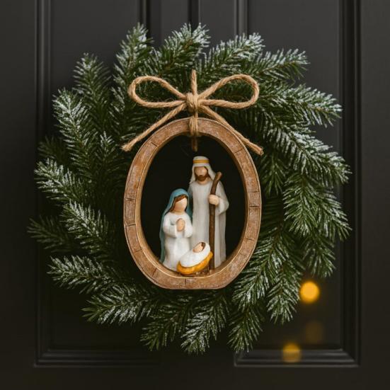 Oval Nativity Hanging Ornament Home Office Christmas Tree Hand-Painted Birth of Jesus Scene Holy Family Holiday Religious Decoration Pendant