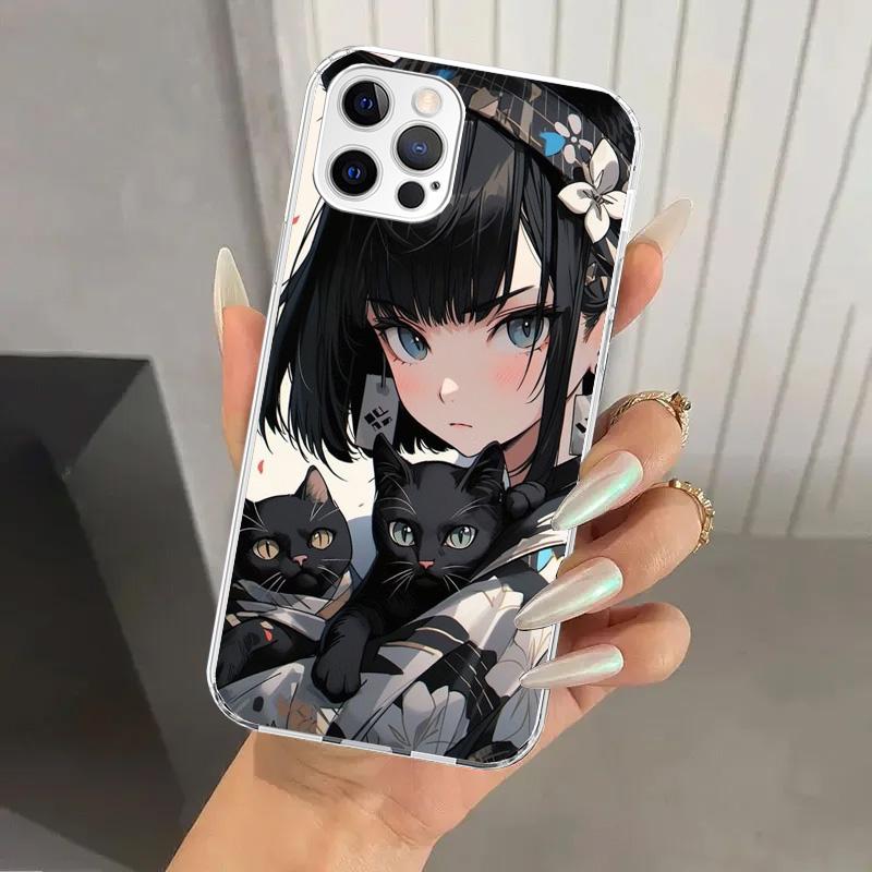 

Anime Girls Cute Black Cat Phone Case for Iphone 17 Air 16 15 Plus 14 13 Mini 12 11 Pro Max 16E 7 8 SE 2020 Soft Funda Print She iPhone 15 Pro