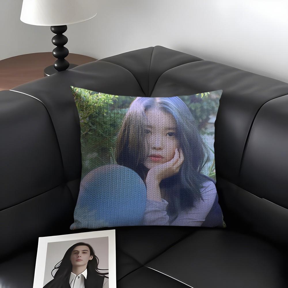 L-Lee Ji Eun I-Iu Singer Cushion Cover Natural Linen Organic Fabric Double-Sided Printing Sofa Home Decor Gift Pillow Case