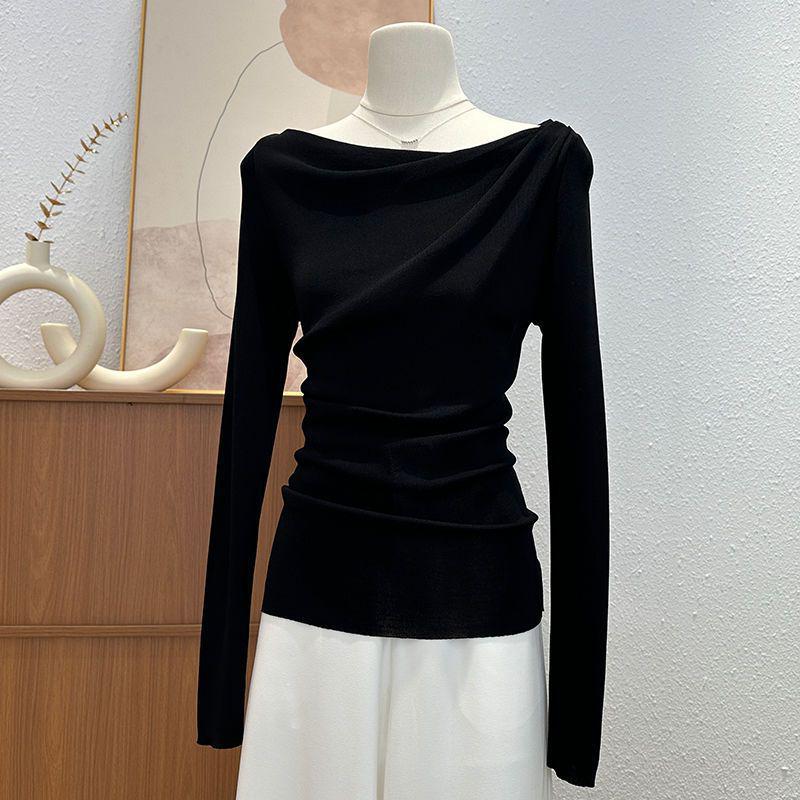 

Шикарный топ с драпировкой на шее и плиссировкой, с длинным рукавом, женский, для весны и осени M чёрный