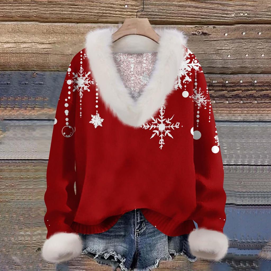 Women's Sweatshirt Long Sleeve Christmas Print Plush Collar V-Neck Pullover Top