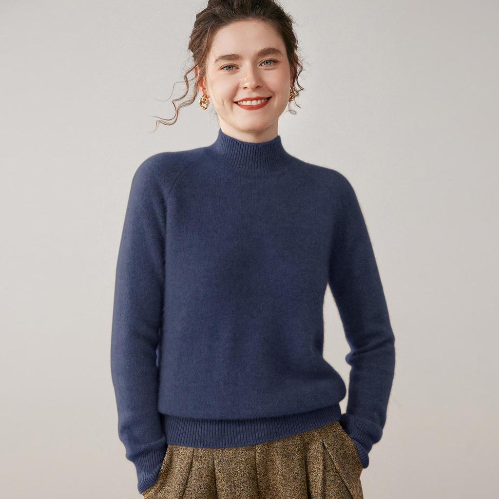 Women's 100% Pure Cashmere Soft Knit Sweater, Half-High Neck, Loose, Skin-Friendly, Slimming Base Layer