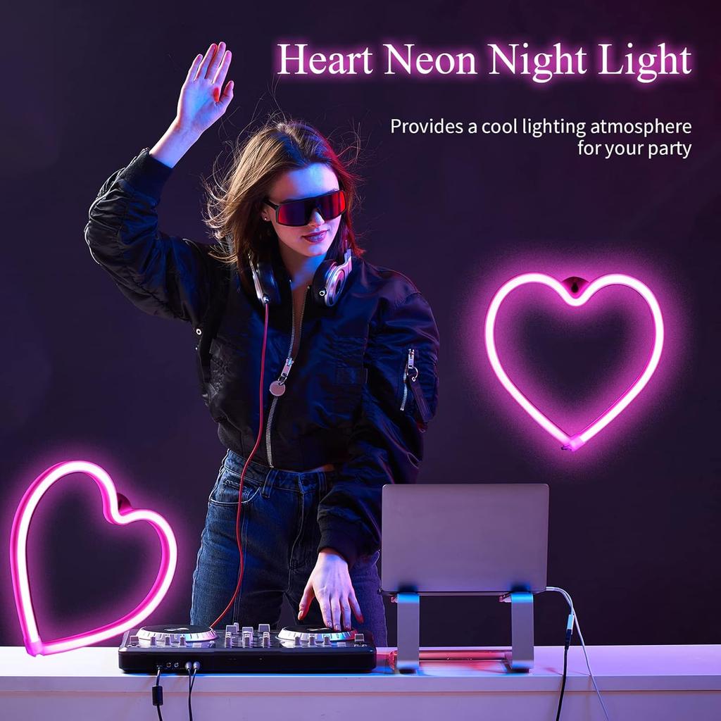2 Pcs Valentine's Day Neon Heart Lights Pink Heart Neon Signs LED Valentines Day Decor Battery Operated or USB Powered Heart LED Lights for Girls