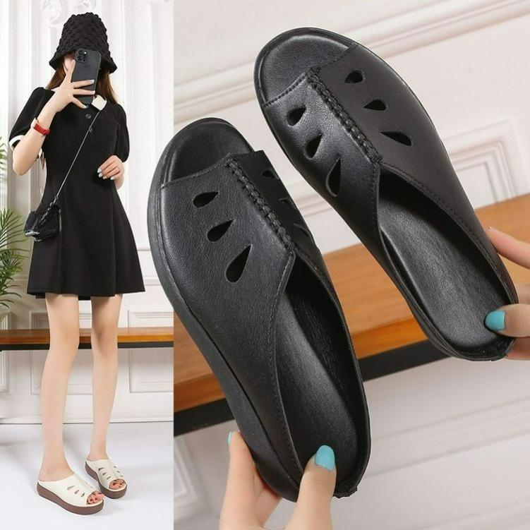 Summer Soft Leather Mother Sandals and Slippers, One-step Mid-heel, Outer Wear, Ladies Slippers, Thick-soled Slope-heeled Beach Slippers