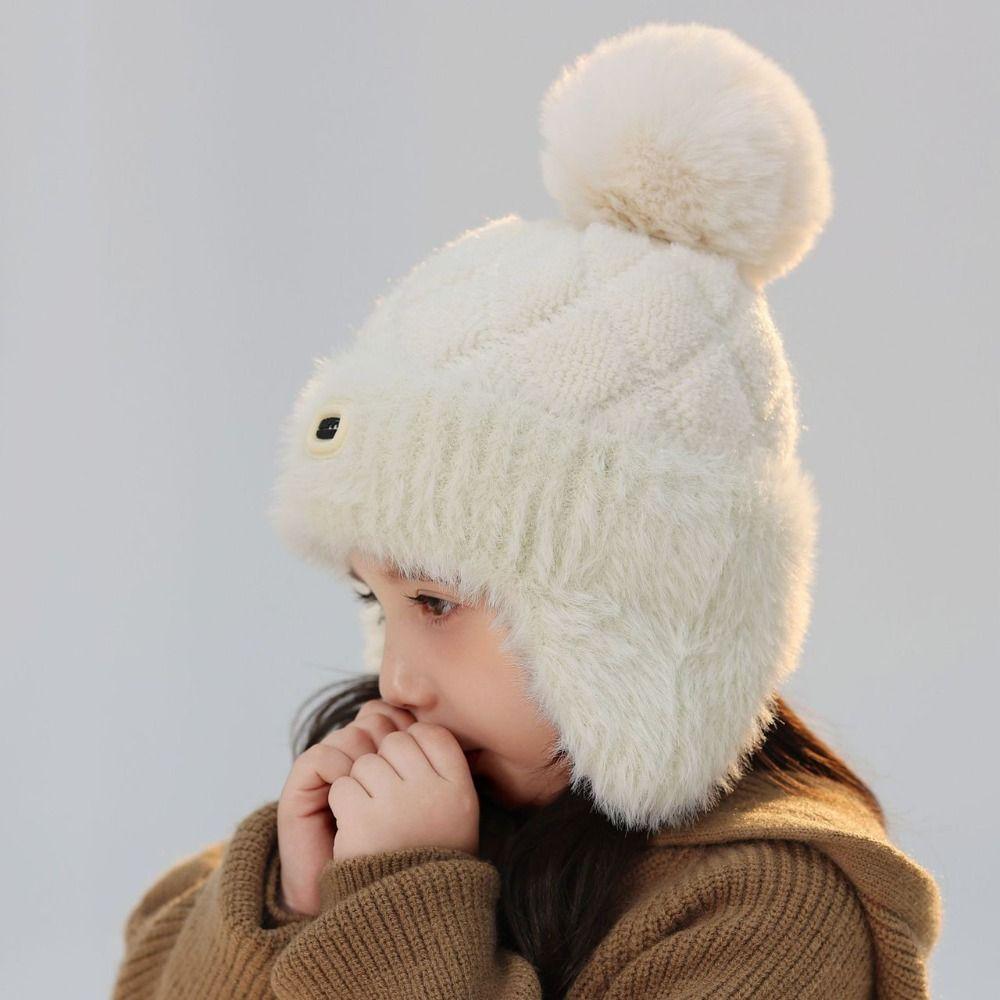 Plush Winter Knitted Hat Solid Color Earflaps Bonnet Hat Fashion Kids Beanie Cap