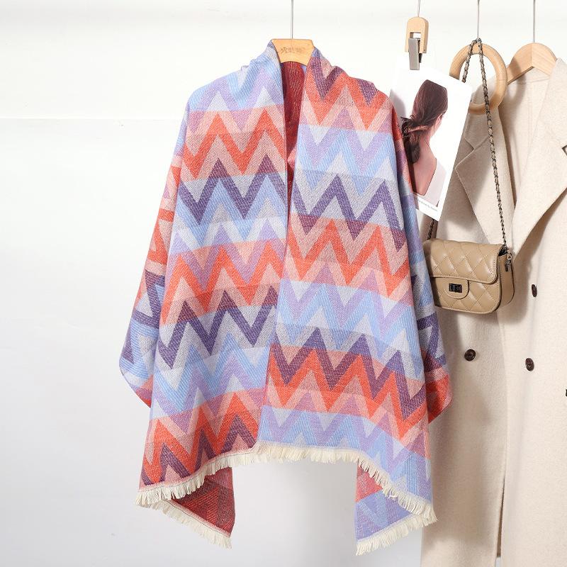 New Autumn and Winter Imitation Cashmere Colorful Wavy Plaid Scarf for Women Korean Version Sweet Warm Windproof Thick Scarf
