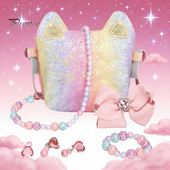 Rainbow Glitter Kids Purse Pretend Play Handbag Set Role Toy Necklace Fairy Tale Dress Up Toys Bracelet Accessories Educational Present for