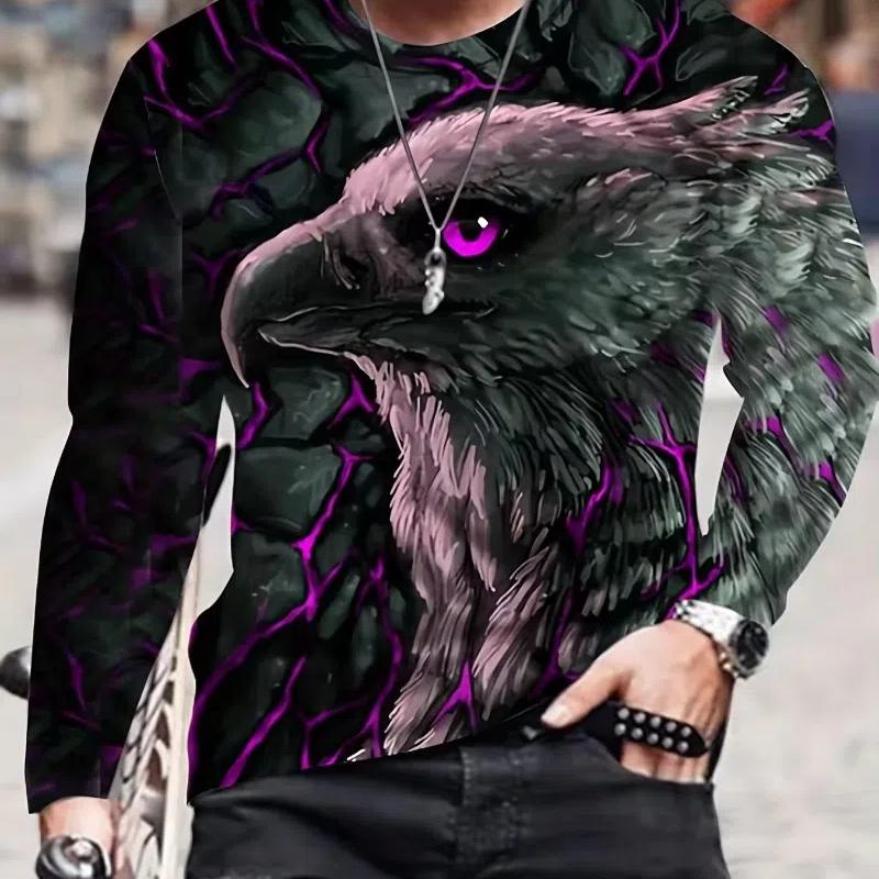 Moda Aquila Stampa Digitale 3D T-Shirt Casual Comoda a Maniche Lunghe Autunno Abbigliamento Fantasia da Uomo Top Regali da Uomo