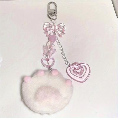 Niedlicher Plüsch-Katzenpfoten-Anhänger Schlüsselanhänger Y2K Süßer Stern Rosa Herz Schleife Handyanhänger Acrylkette Schlüsselanhänger