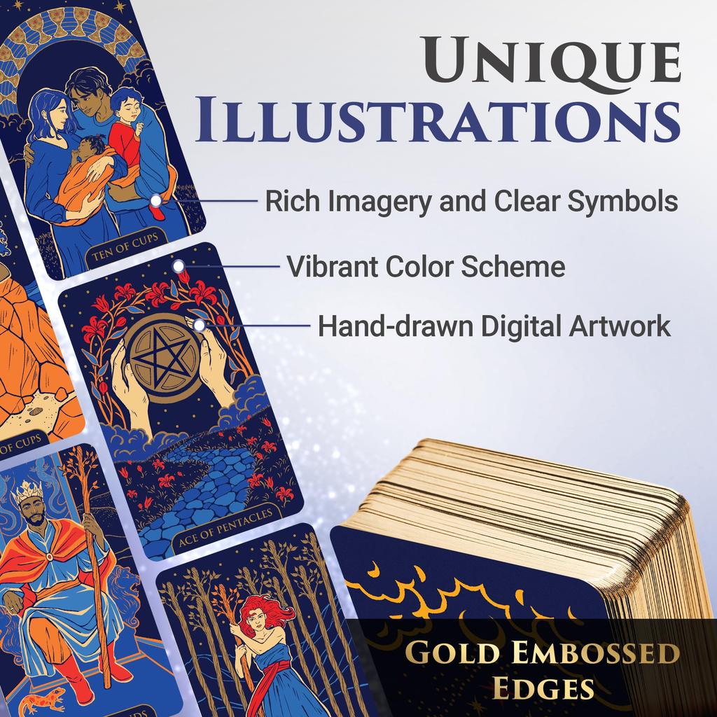 Wyspell Starlight Tarot Deck with Guidebook - Unique Tarot Card Deck for Beginners - Modern Fortune Cards (Blue)