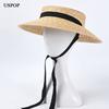USPOP New French Style Vintage Shallow Crown Straw Hats Women Straw Sun Hats Long Ribbon Natural Wheat Straw Beach Hat