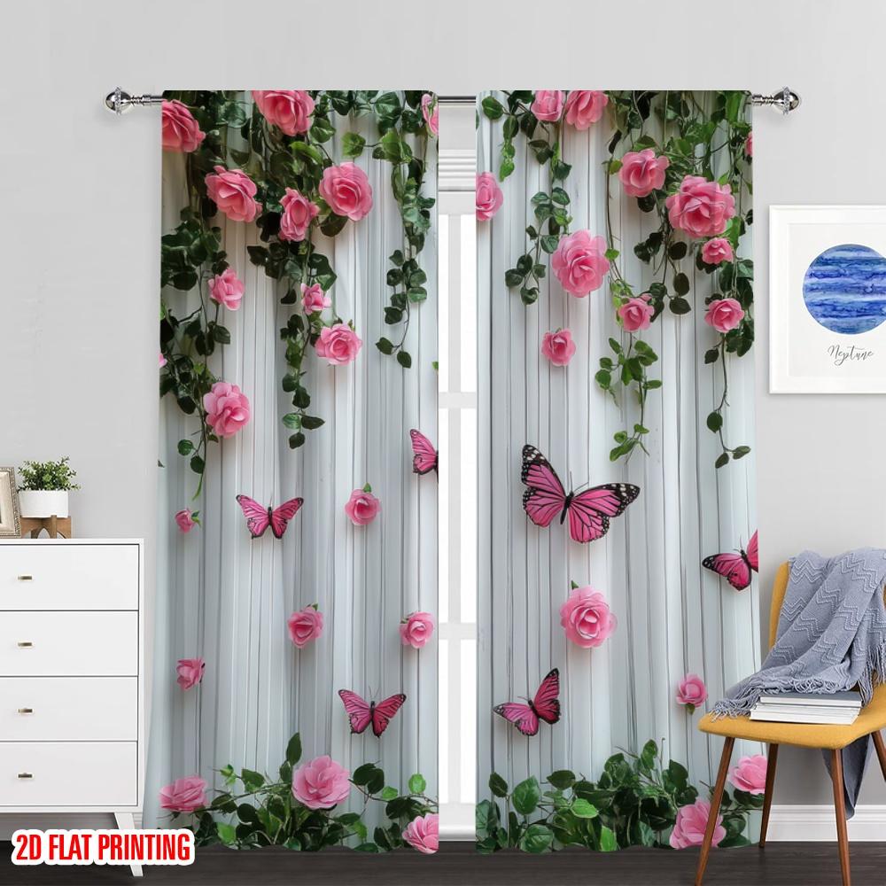Flat Printing Party Curtain Butterfly Pink Rose Versatile Durable Polyester Without Electricity Family Curtains Set Of 2 Made