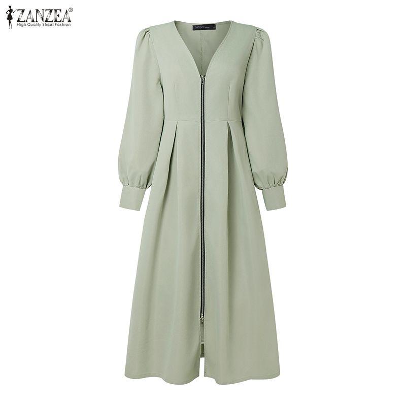 ZANZEA Women Casual Zipper V-Neck Long Sleeve Dress