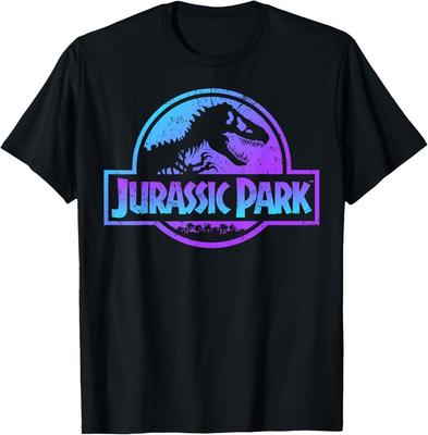 Camiseta de Manga Curta com Estampa Gráfica do Logo Fóssil Azul e Roxo de Jurassic Park