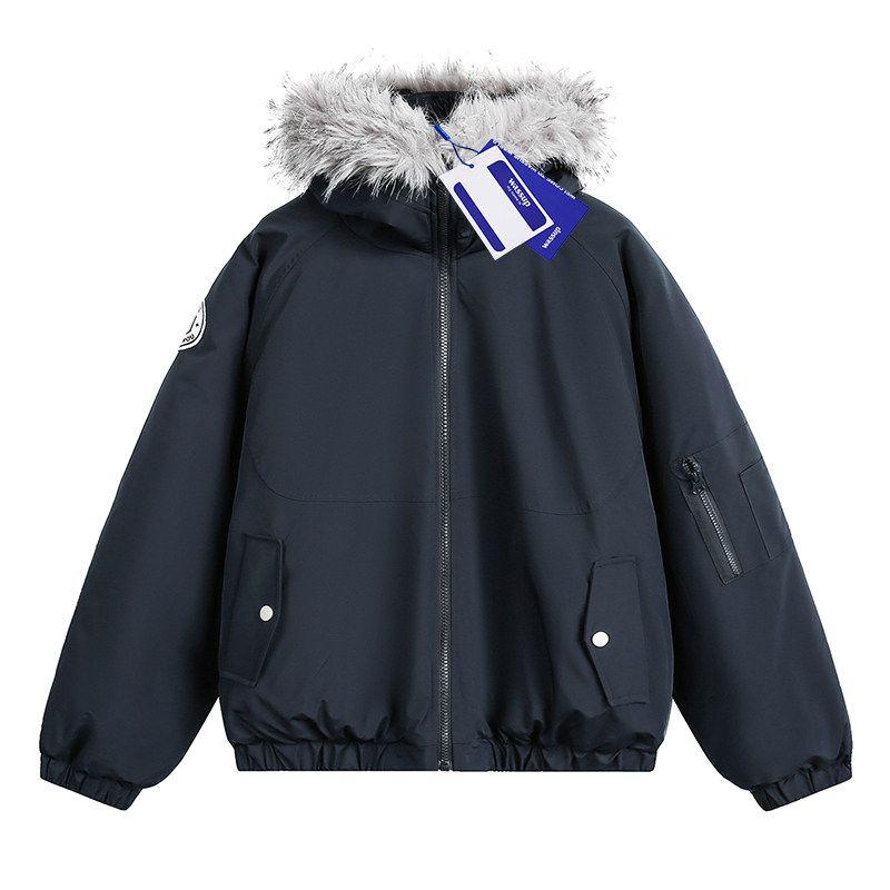Wassup American Retro Fur Collar Hooded Cotton Parka Jacket for Men and Women, Winter Thickened Minimalist Workwear Cotton Coat
