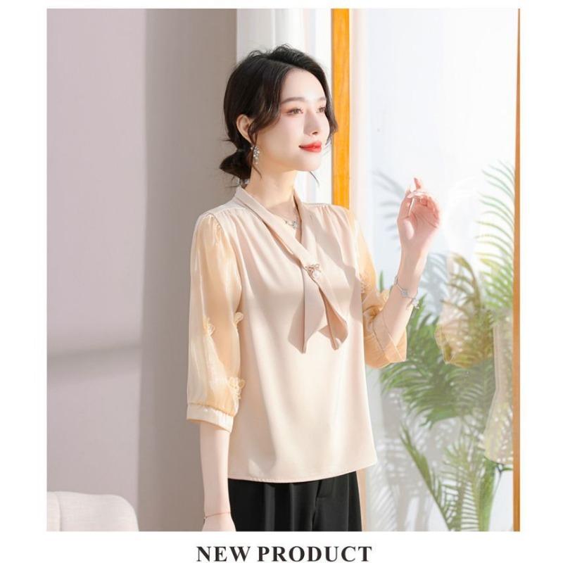 Women's Chiffon Blouse with Bow Detail Butterfly Embroidery