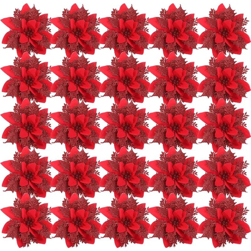 

5/20 шт. искусственные рождественские цветы своими руками рождественский блестящий цветочный букет искусственный шелковый цветок с зажимом пуансеттия новогодний декор для вечеринки 10PCS