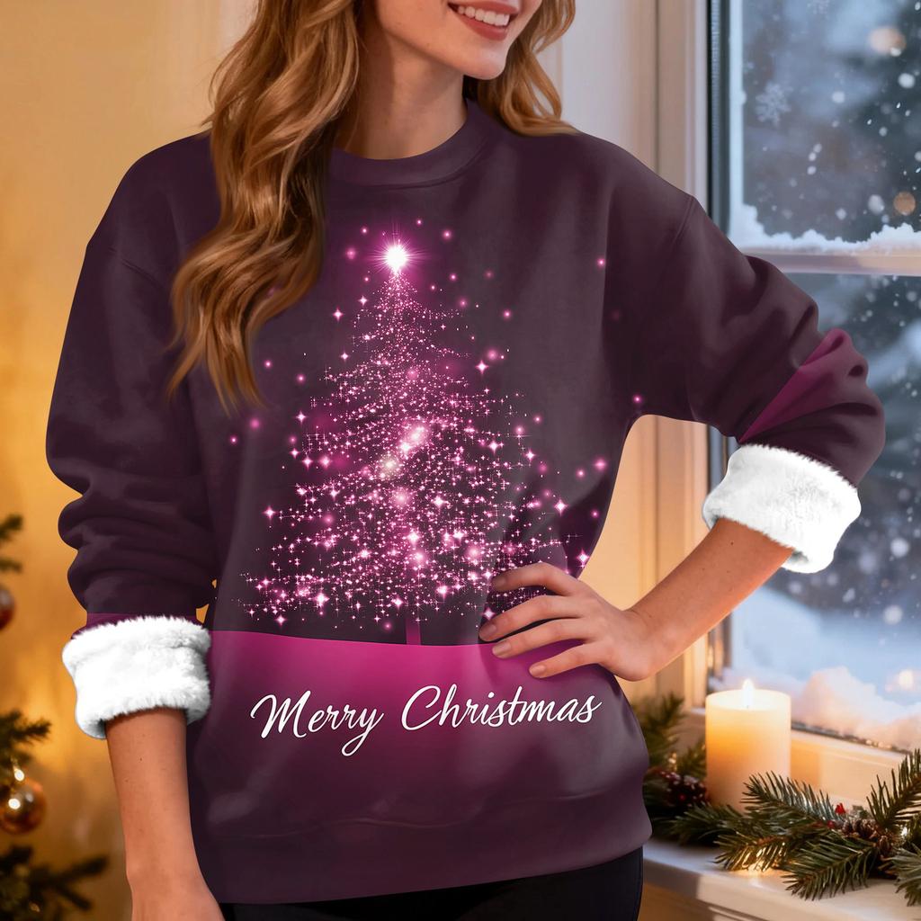 Women's Fashion Casual Long Sleeve Christmas Printed Round Neck Top Sweatshirt