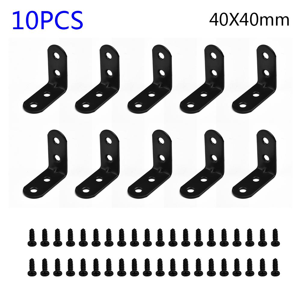 10pcs/Set Right Angle Black L-Shaped Brackets W/ Screws Support Corner Braces Stainless Steel Furniture Hardware