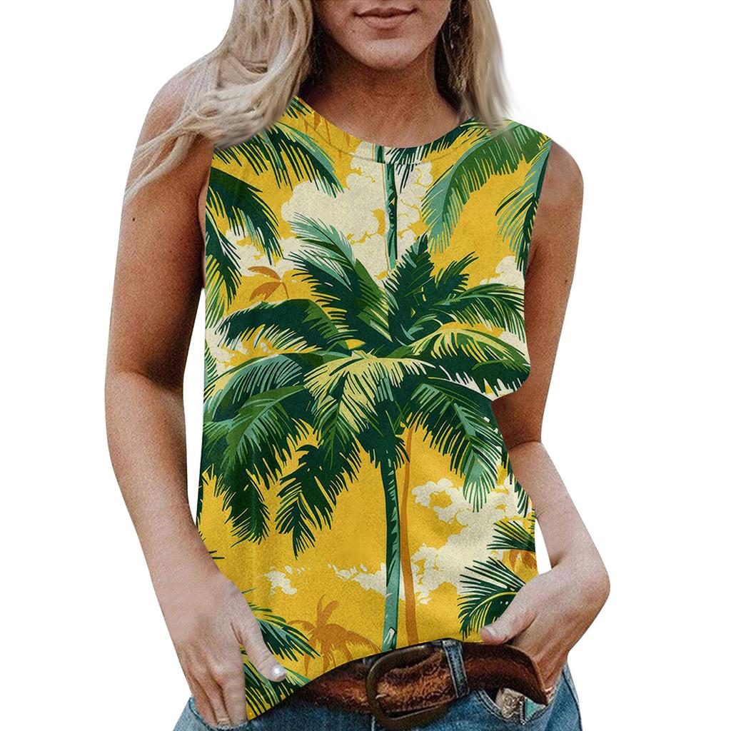 Damen Rundhals Lässig Ärmellos X Hawaiianisch Bedrucktes Westen-T-Shirt Top