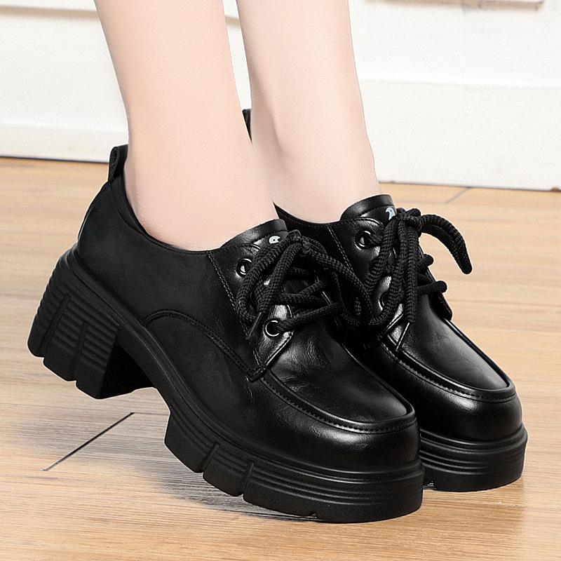 Height-enhancing British Style Leather Shoes for Women Thick-soled Lace-up Loafers Black Versatile Thick-heeled Shoes