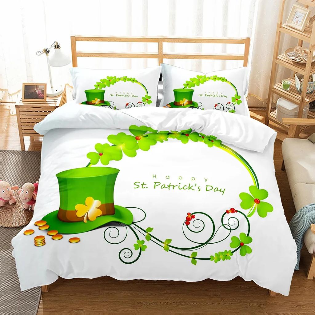 Happy St Patrick's Day Duvet Cover Set Plant Clover Bedding Set Green Lucky Leaf Quilt Cover Botanical Leaves Bedspread Cover