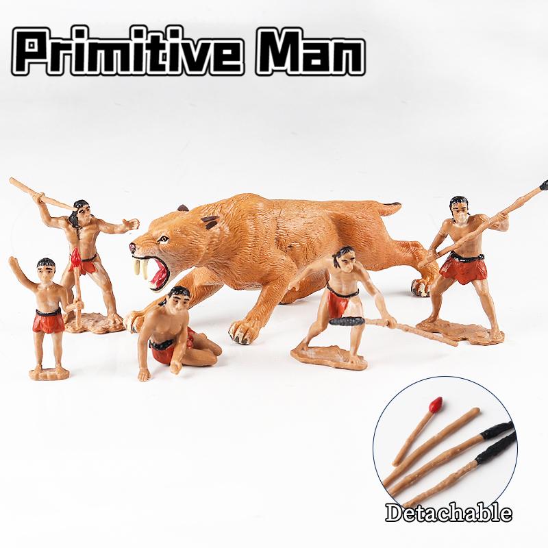 Oenux Prehistoric People Life Scene Human Evolution Wild Sabre-toothed Tiger Mammoth Animals Model Action Figures Collection Toy