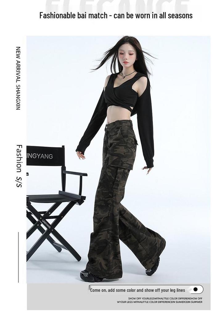 Women's American Retro Camo Work Pants: Spring High Street, Hip Hop Style, Loose Micro Flare, Floor-Length, Drape Casual Trendy.