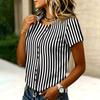 Women's Casual Round Neck Short Sleeve T Shirt Vertical Stripe Print Button Front Lightweight Top for Everyday Wear