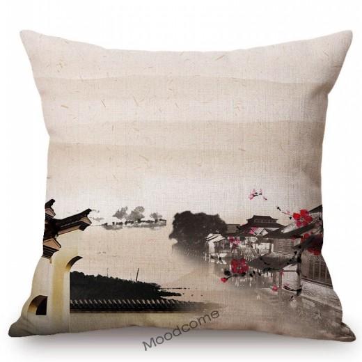 Traditional Chinese Ink Oil Painting Mountain Scenery Cotton Linen Sofa Throw Pillow Case Home Decoration Car Cushion Cover Case