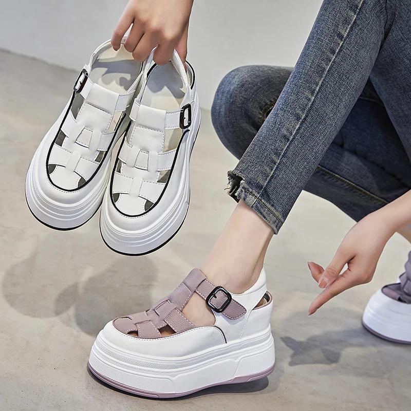 Fashion 7cm Hollow Genuine Leather Breathable Sandals Summer 2024 Women Casual Shoes Platform Wedge Chunky Sneakers Shoes Flats Leisure