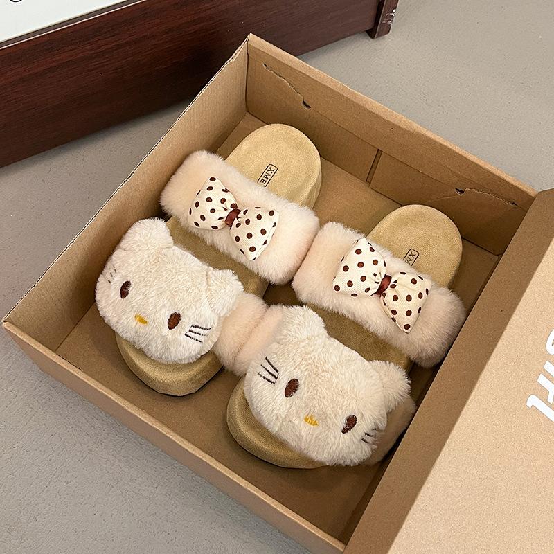 Cute Mao Mao cartoon KT cat bow Mao Mao slippers women's 2025 autumn and winter new one-word parallel bar cotton slippers