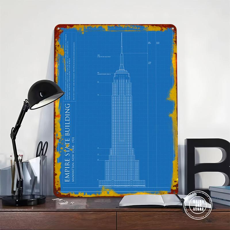 Empire State Building Blueprint Tin Plaque Poster Customized Wall Art Retro Vintage Metal Signs for Man Cave Decoration At Home