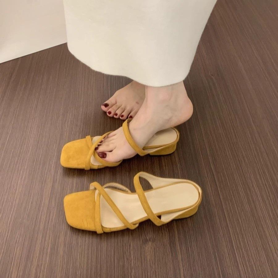 French fairy wind cross with open-toed square slippers female summer wear beautiful 3cm small thick heel suede cool slippers